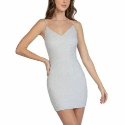 Budget 👏 B. Darlin Bungee Spaghetti Strap Glittered Pattern Slinky Knit Bodycon 👗 Dress White/silver ✨