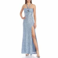 Coupon โจ B. Darlin Sleeveless Halter Neck Shirred Sequin-Mesh Thigh-Slit Long ๐ Dress Periwinkle ๐