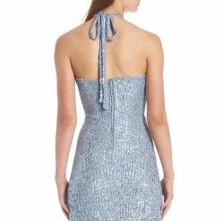 Coupon ✨ B. Darlin Sleeveless Halter Neck Shirred Sequin-Mesh Thigh-Slit Long 👗 Dress Periwinkle 😍 -B. Darlin shop unnamed file 761