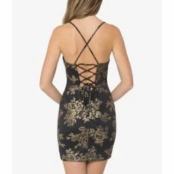 Best Sale 🎁 B. Darlin Sleeveless Lace-Up Back Floral Jacquard Sheath 👗 Dress Black/gold 🎁 -B. Darlin shop unnamed file 803