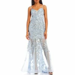 Outlet 🧨 B. Darlin Spaghetti Strap Sequin Mesh Trumpet 👗 Dress Light Blue 🎁