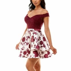 Buy 😉 B. Darlin Sweetheart Neck Off-The-Shoulder Fit-And-Flare Floral 👗 Dress Ivory/burgundy ⭐ -B. Darlin shop unnamed file 854