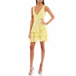 Coupon 🧨 B. Darlin Sleeveless Deep V-Neck Cut-Out Mesh-Tiered Tank 👗 Dress Yellow 😉