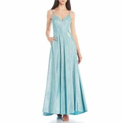 Wholesale 🎁 B. Darlin Spaghetti-Strap V-Neck Pleated 👗 Skirt Sheri Shine Glitter Ball Gown Seafoam/silver 🧨