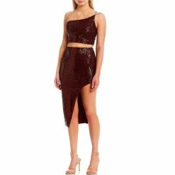 Deals ❤️ B. Darlin One Shoulder Ribbed Sequin-Embellished Asymmetrical Midi Two-Piece 👗 Dress Ivory 🔔