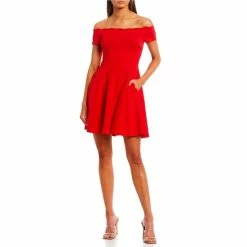 Coupon 🤩 B. Darlin Off-The-Shoulder Scalloped Scuba Crepe Fit-And-Flare Flounce Hem 👗 Dress Bright Red ✨ -B. Darlin shop unnamed file 991