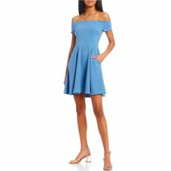 Coupon 🤩 B. Darlin Off-The-Shoulder Scalloped Scuba Crepe Fit-And-Flare Flounce Hem 👗 Dress Bright Red ✨ -B. Darlin shop unnamed file 995